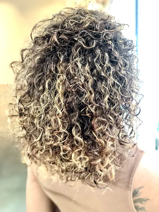 Defined curls with blonde highlights